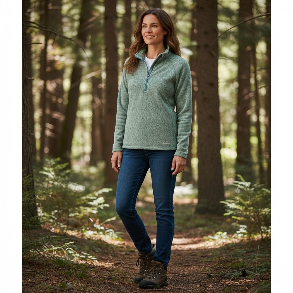 Eddie‎ Bauer Fleece Pullover Womens L Green Quarter Zip Raglan Marl Granola Girl
